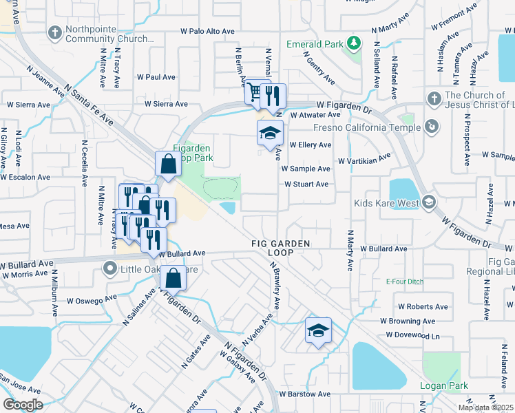 map of restaurants, bars, coffee shops, grocery stores, and more near 4036 West Calimyrna Avenue in Fresno