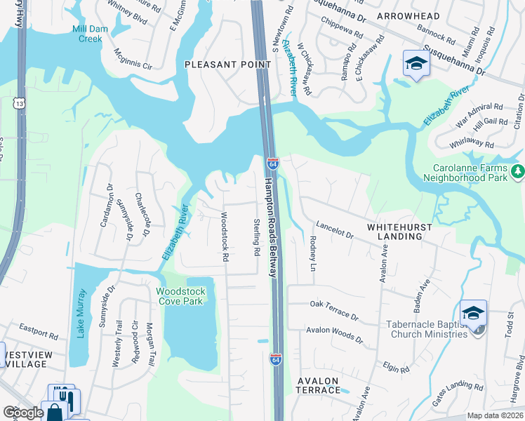 map of restaurants, bars, coffee shops, grocery stores, and more near 536 Sterling Road in Virginia Beach