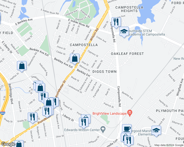 map of restaurants, bars, coffee shops, grocery stores, and more near 1543 Manson Street in Norfolk