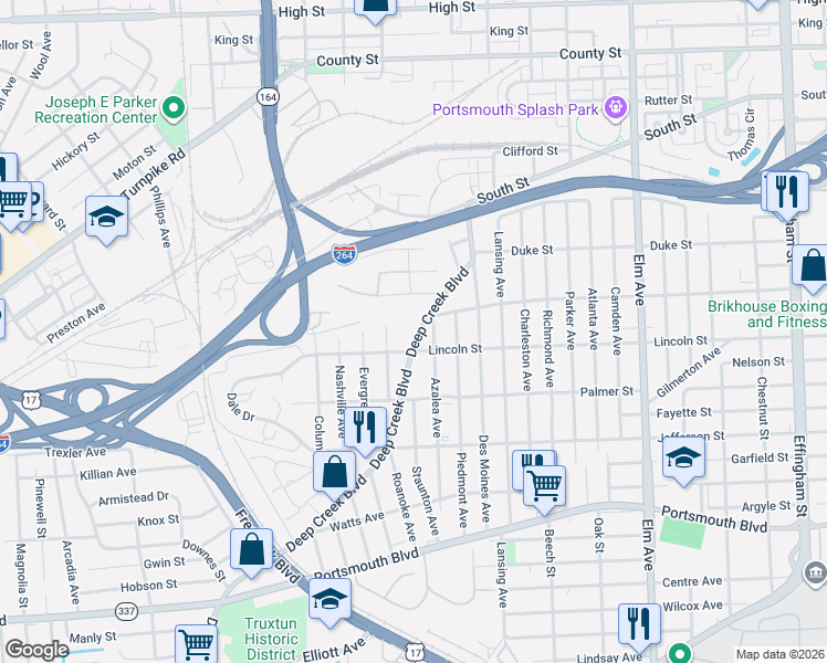 map of restaurants, bars, coffee shops, grocery stores, and more near 2515 Randolph Street in Portsmouth