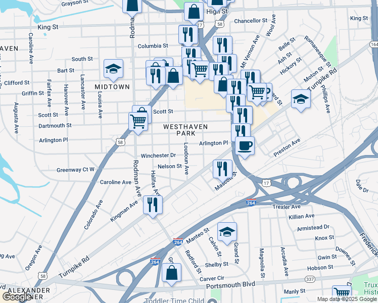 map of restaurants, bars, coffee shops, grocery stores, and more near 3311 Arlington Place in Portsmouth