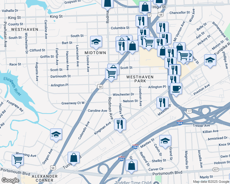 map of restaurants, bars, coffee shops, grocery stores, and more near 3610 Winchester Drive in Portsmouth