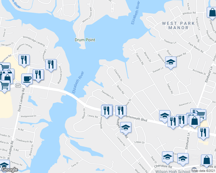 map of restaurants, bars, coffee shops, grocery stores, and more near 400 Oriole Road in Portsmouth