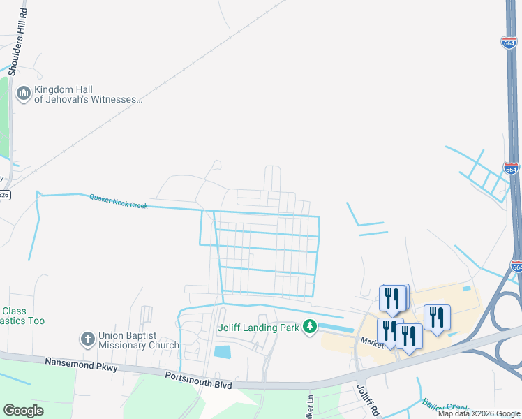 map of restaurants, bars, coffee shops, grocery stores, and more near 5013 Cape May Loop in Chesapeake