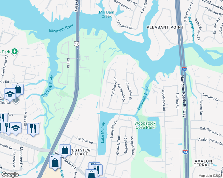 map of restaurants, bars, coffee shops, grocery stores, and more near 609 Cardamon Drive in Virginia Beach