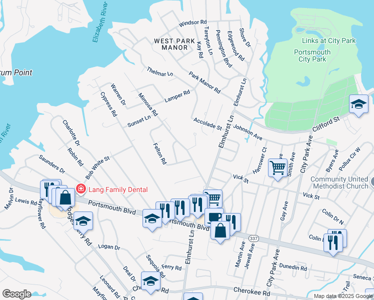 map of restaurants, bars, coffee shops, grocery stores, and more near 93 Patnor Drive in Portsmouth