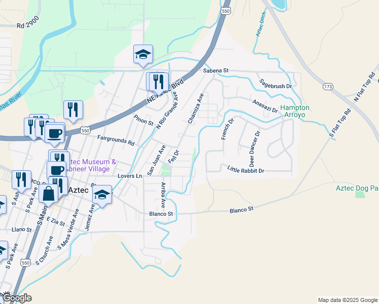 map of restaurants, bars, coffee shops, grocery stores, and more near 721 Otten Circle in Aztec