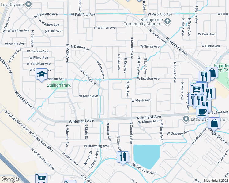 map of restaurants, bars, coffee shops, grocery stores, and more near 5127 West Stuart Avenue in Fresno