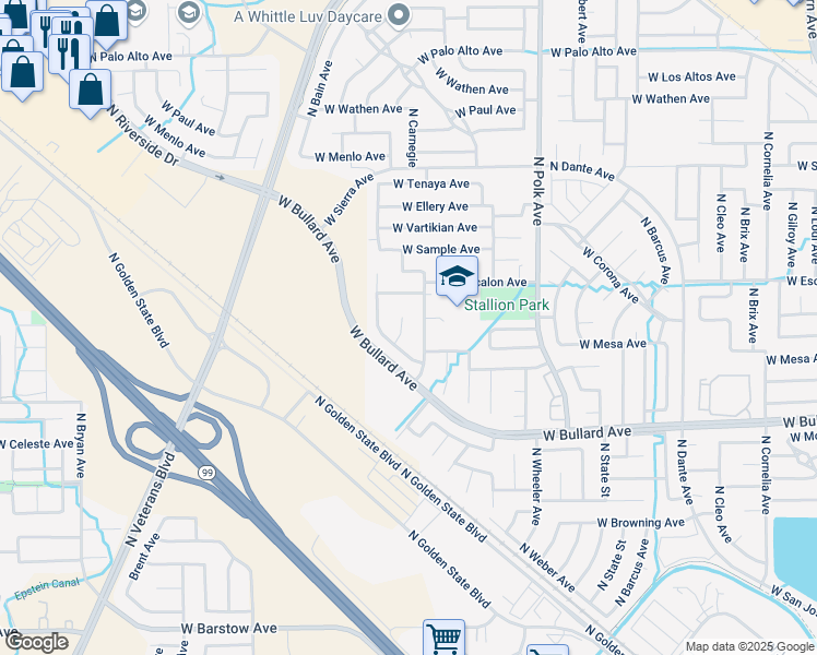 map of restaurants, bars, coffee shops, grocery stores, and more near 6192 North Gregory Avenue in Fresno