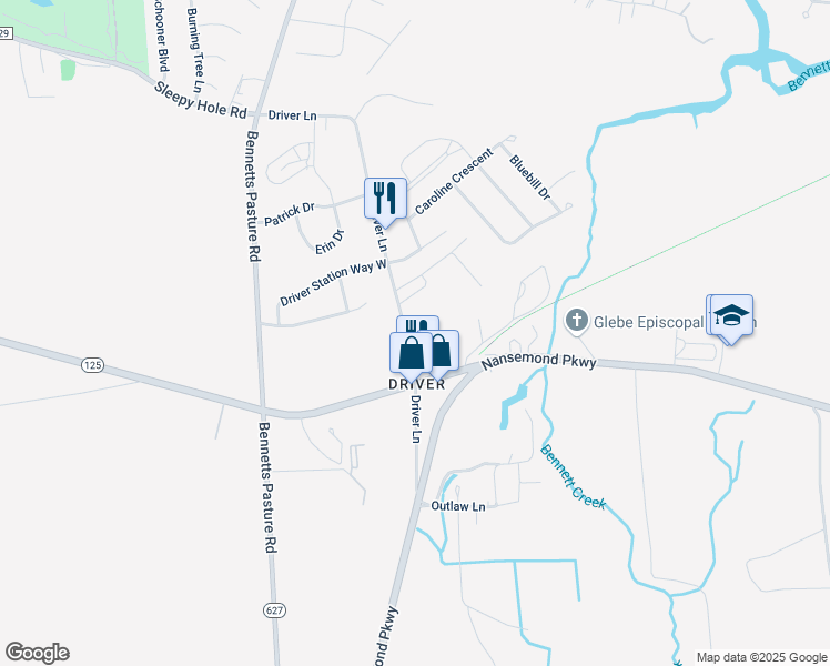 map of restaurants, bars, coffee shops, grocery stores, and more near 4244 Driver Lane in Suffolk