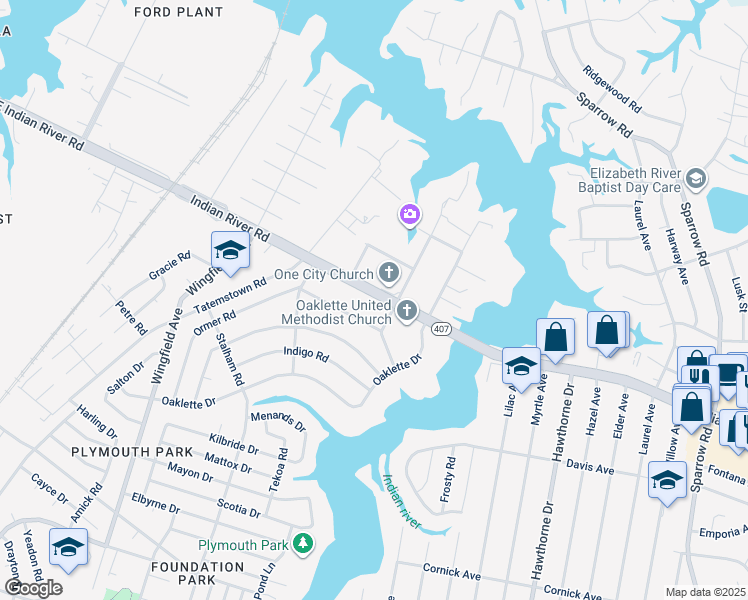 map of restaurants, bars, coffee shops, grocery stores, and more near 3301 Indian River Road in Chesapeake