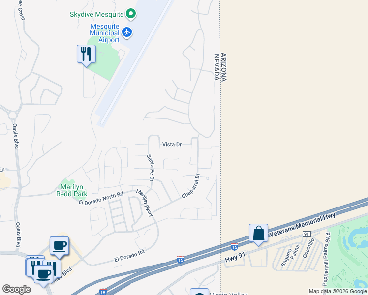 map of restaurants, bars, coffee shops, grocery stores, and more near 958 Vía Carlotta in Mesquite