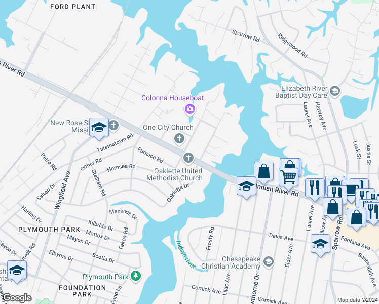 map of restaurants, bars, coffee shops, grocery stores, and more near 3410 Indian River Road in Chesapeake
