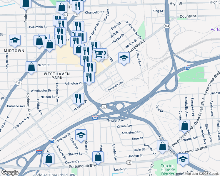 map of restaurants, bars, coffee shops, grocery stores, and more near 2907 Berkley Avenue in Portsmouth