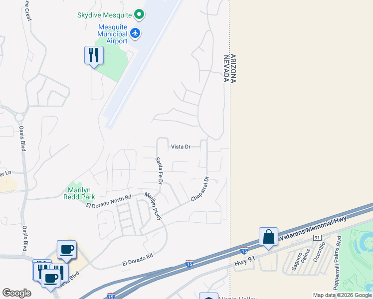 map of restaurants, bars, coffee shops, grocery stores, and more near 957 Vía Carlotta in Mesquite