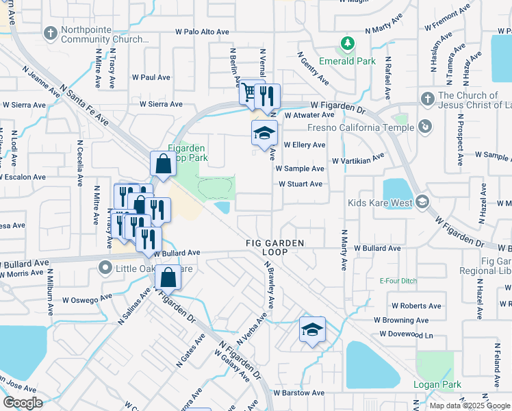 map of restaurants, bars, coffee shops, grocery stores, and more near 4036 West Calimyrna Avenue in Fresno