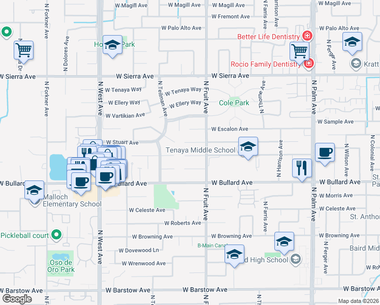 map of restaurants, bars, coffee shops, grocery stores, and more near 1444 West Mesa Avenue in Fresno