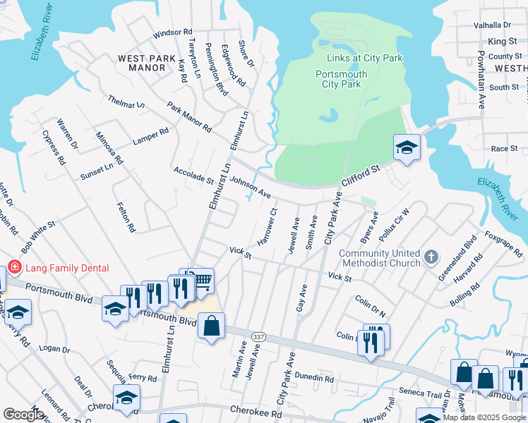 map of restaurants, bars, coffee shops, grocery stores, and more near 121 Maurice Avenue in Portsmouth
