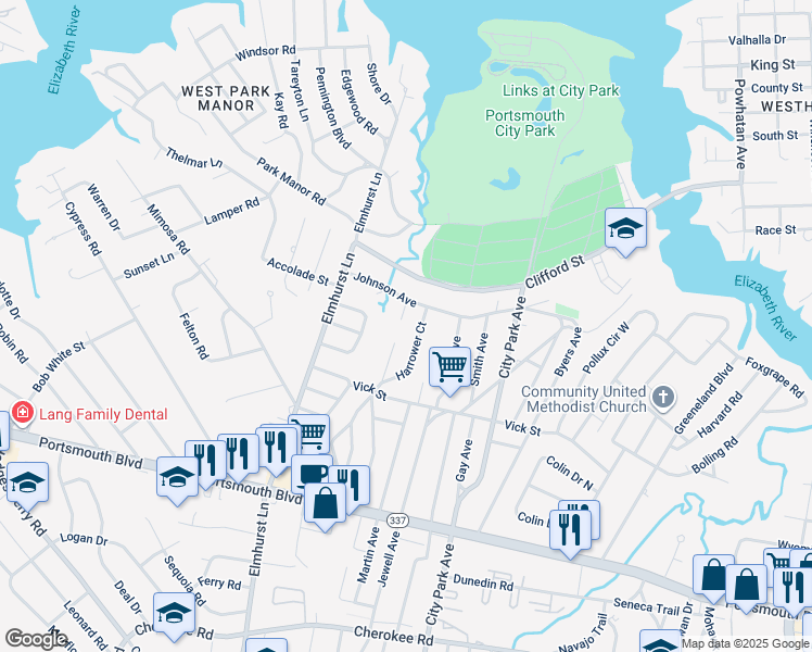 map of restaurants, bars, coffee shops, grocery stores, and more near 121 Maurice Avenue in Portsmouth