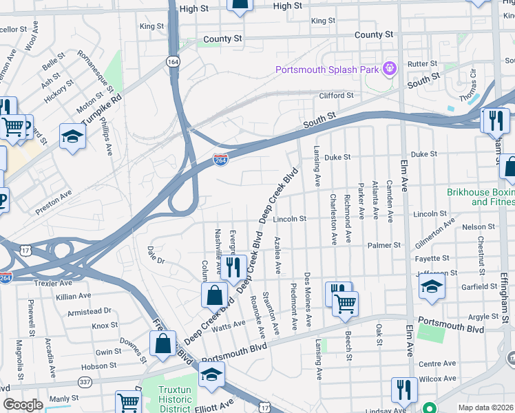 map of restaurants, bars, coffee shops, grocery stores, and more near 2515 Randolph Street in Portsmouth