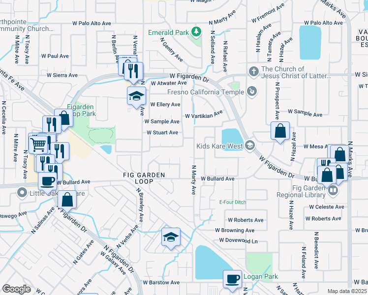 map of restaurants, bars, coffee shops, grocery stores, and more near 112 North Alva Avenue in Fresno