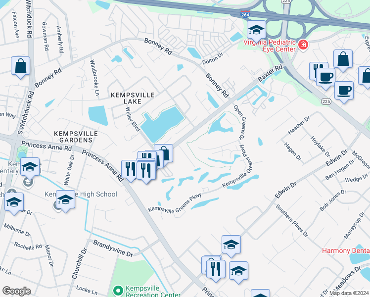map of restaurants, bars, coffee shops, grocery stores, and more near 512 Mulligan Drive in Virginia Beach