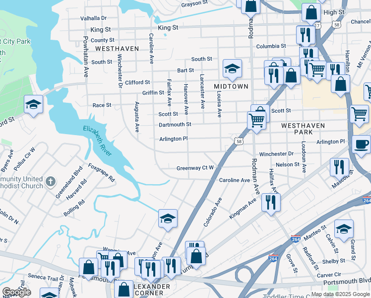 map of restaurants, bars, coffee shops, grocery stores, and more near 4100 Winchester Drive in Portsmouth