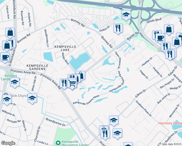 map of restaurants, bars, coffee shops, grocery stores, and more near 512 Mulligan Drive in Virginia Beach