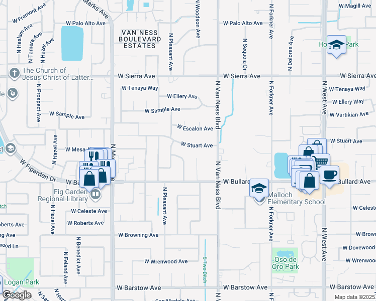 map of restaurants, bars, coffee shops, grocery stores, and more near 2507 West Stuart Avenue in Fresno