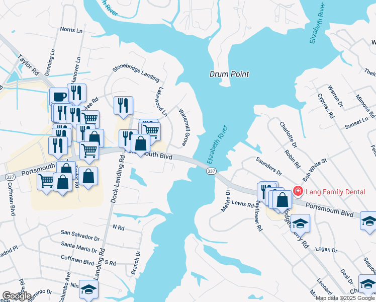 map of restaurants, bars, coffee shops, grocery stores, and more near 2413 Watermill Grove in Chesapeake
