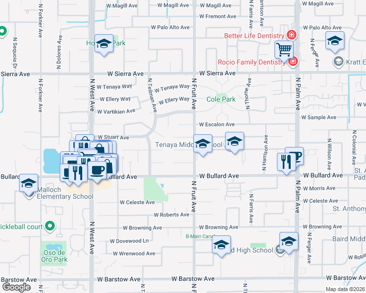 map of restaurants, bars, coffee shops, grocery stores, and more near 1444 West Mesa Avenue in Fresno