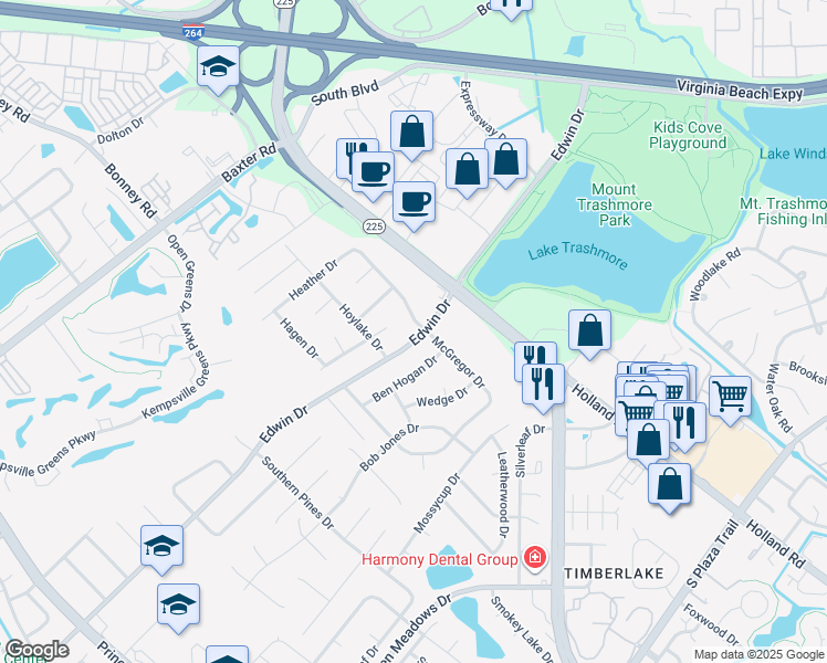 map of restaurants, bars, coffee shops, grocery stores, and more near 501 Edwin Drive in Virginia Beach