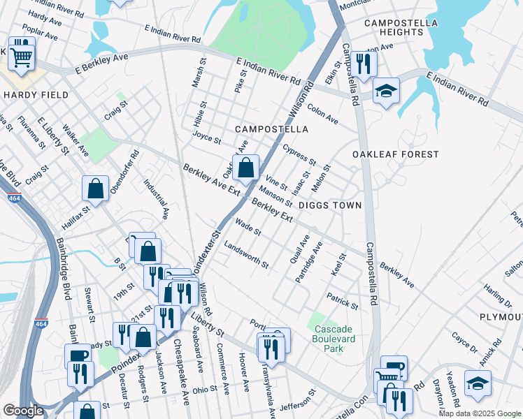 map of restaurants, bars, coffee shops, grocery stores, and more near 1404 Berkley Avenue in Chesapeake