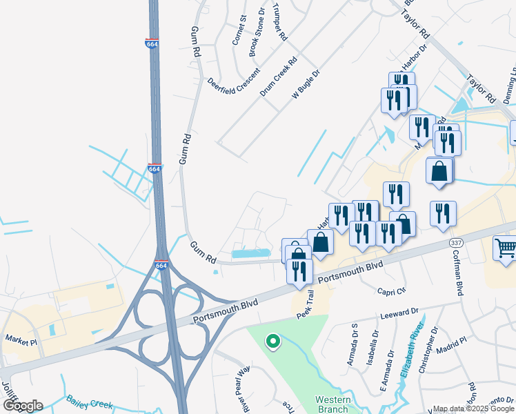 map of restaurants, bars, coffee shops, grocery stores, and more near 2469 Leytonstone Drive in Chesapeake