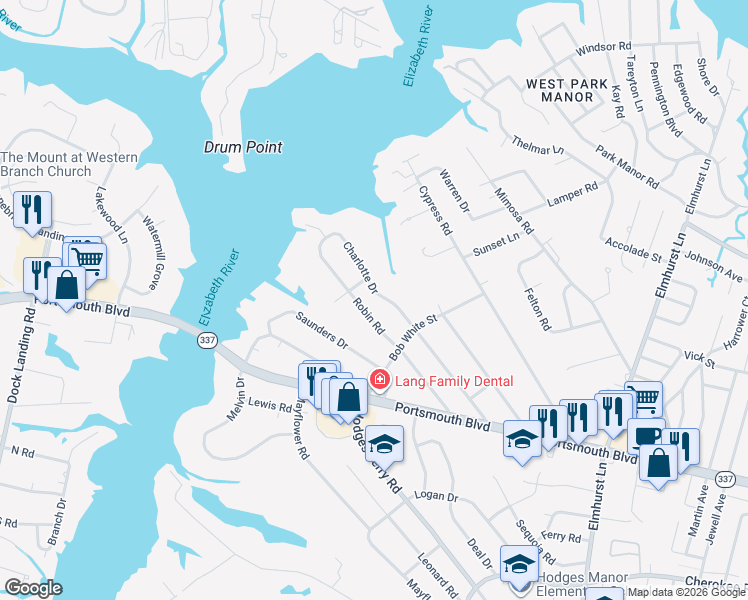 map of restaurants, bars, coffee shops, grocery stores, and more near 312 Charlotte Dr in Portsmouth