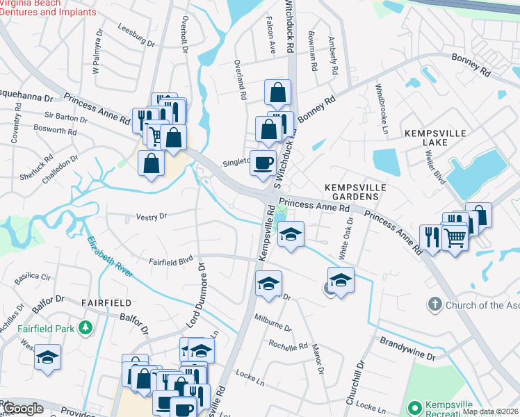 map of restaurants, bars, coffee shops, grocery stores, and more near 525 Kempsville Road in Virginia Beach