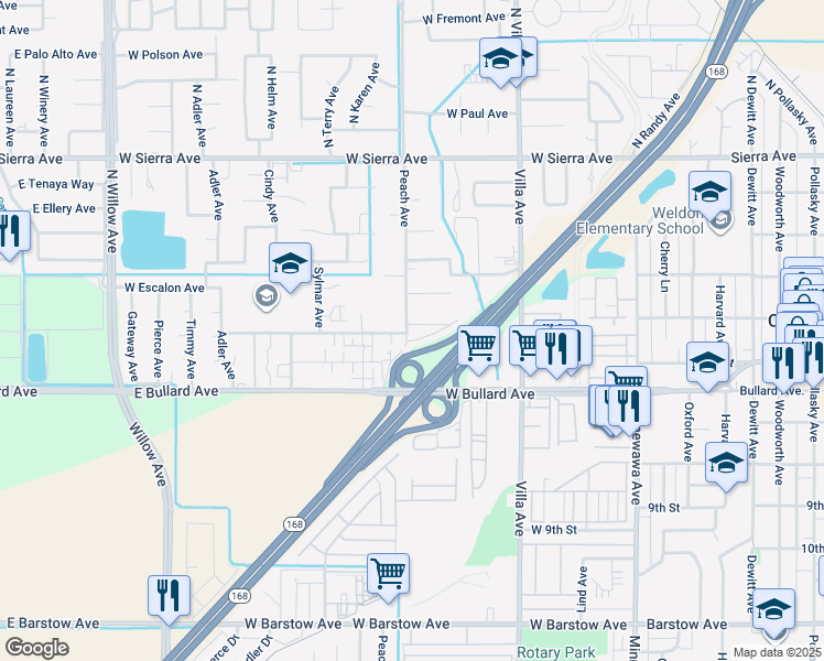 map of restaurants, bars, coffee shops, grocery stores, and more near 430 Peach Avenue in Clovis