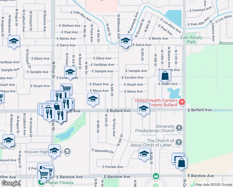 map of restaurants, bars, coffee shops, grocery stores, and more near 6098 North Millbrook Avenue in Fresno