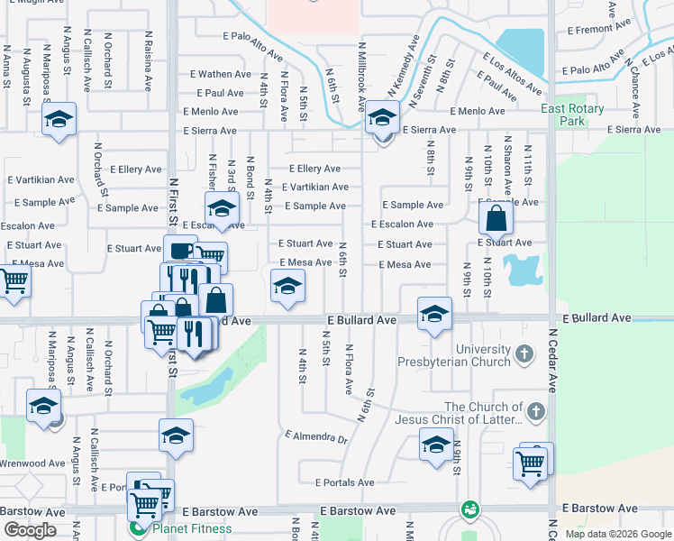 map of restaurants, bars, coffee shops, grocery stores, and more near 6107 North 6th Street in Fresno