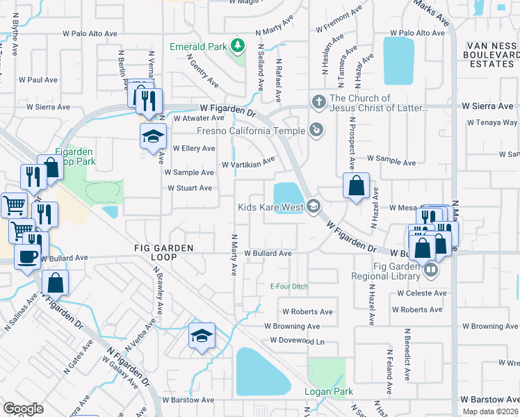 map of restaurants, bars, coffee shops, grocery stores, and more near 6136 North Selland Avenue in Fresno