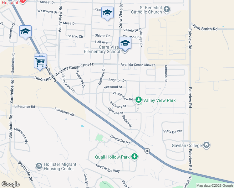 map of restaurants, bars, coffee shops, grocery stores, and more near 2730 Valley View Road in Hollister