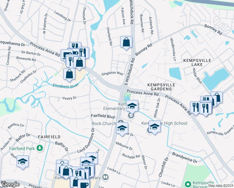 map of restaurants, bars, coffee shops, grocery stores, and more near Oakmears Crescent in Virginia Beach