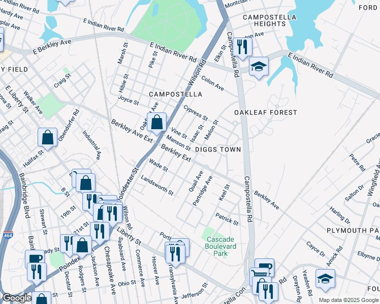 map of restaurants, bars, coffee shops, grocery stores, and more near 1543 Manson Street in Norfolk