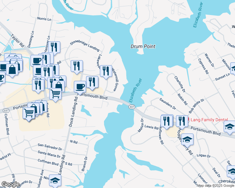 map of restaurants, bars, coffee shops, grocery stores, and more near 2413 Watermill Grove in Chesapeake