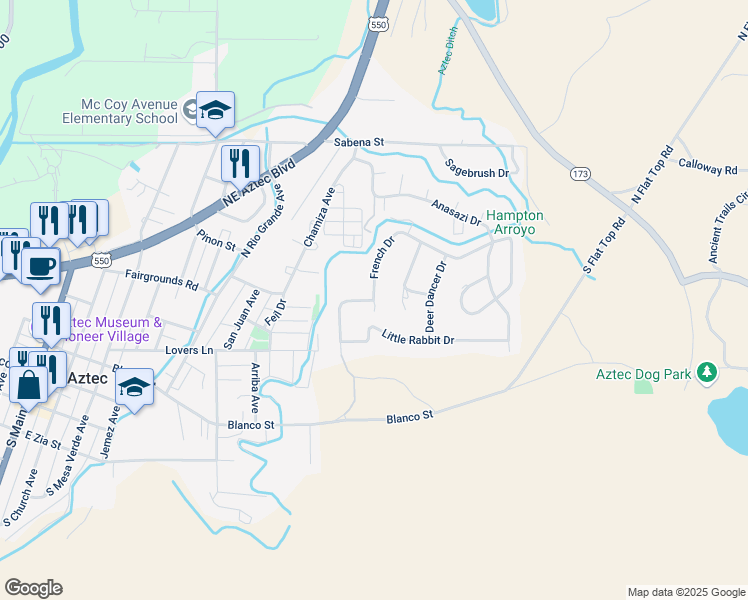 map of restaurants, bars, coffee shops, grocery stores, and more near 514 French Drive in Aztec