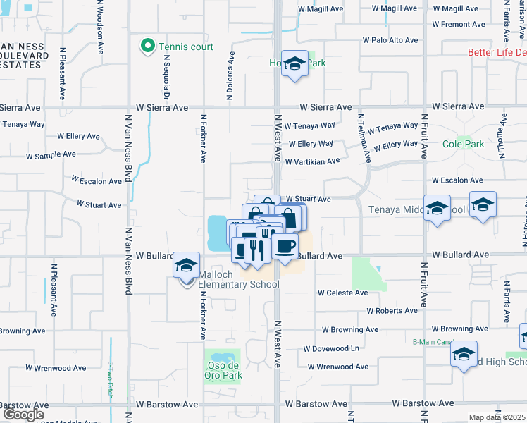 map of restaurants, bars, coffee shops, grocery stores, and more near 6141 North West Avenue in Fresno