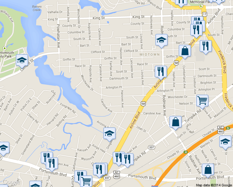 map of restaurants, bars, coffee shops, grocery stores, and more near 4106 Winchester Drive in Portsmouth