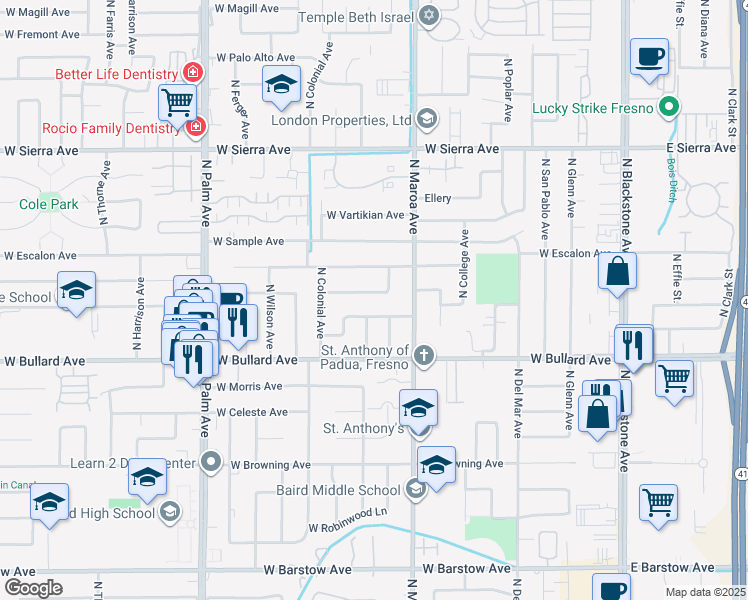map of restaurants, bars, coffee shops, grocery stores, and more near 445 West Stuart Avenue in Fresno