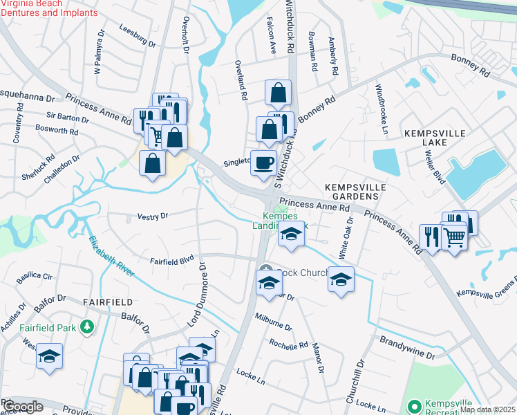 map of restaurants, bars, coffee shops, grocery stores, and more near 525 Kempsville Road in Virginia Beach