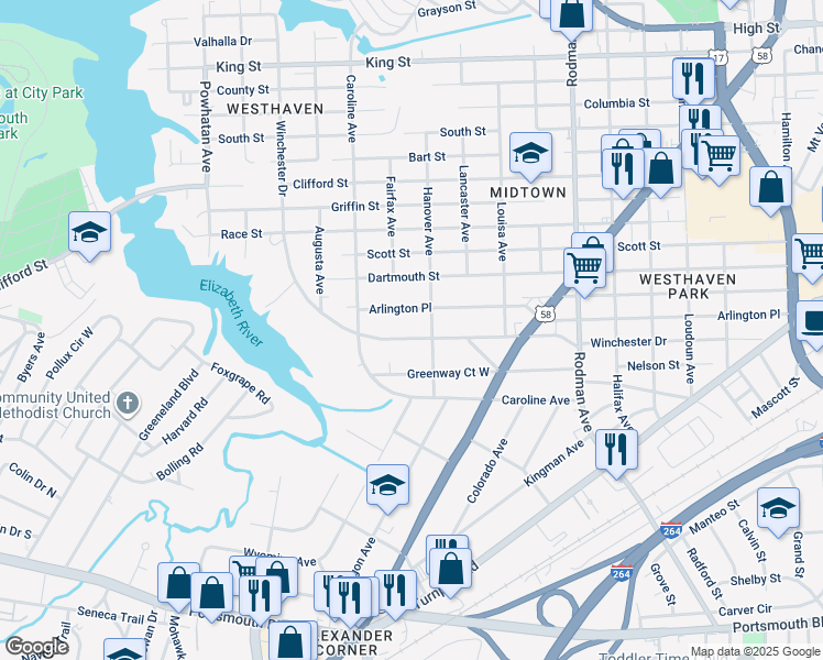 map of restaurants, bars, coffee shops, grocery stores, and more near 4106 Winchester Drive in Portsmouth